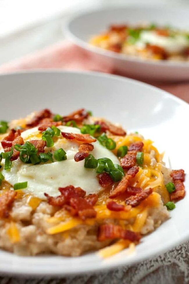 Savory Oatmeal with Bacon, Eggs, and Cheddar