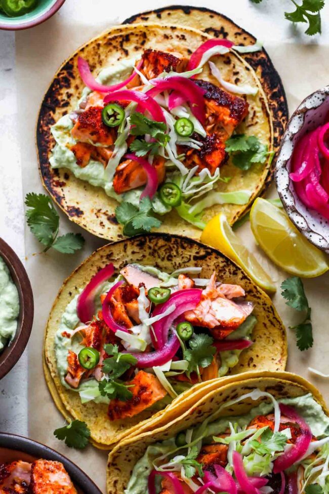 Salmon Tacos with Avocado Crema